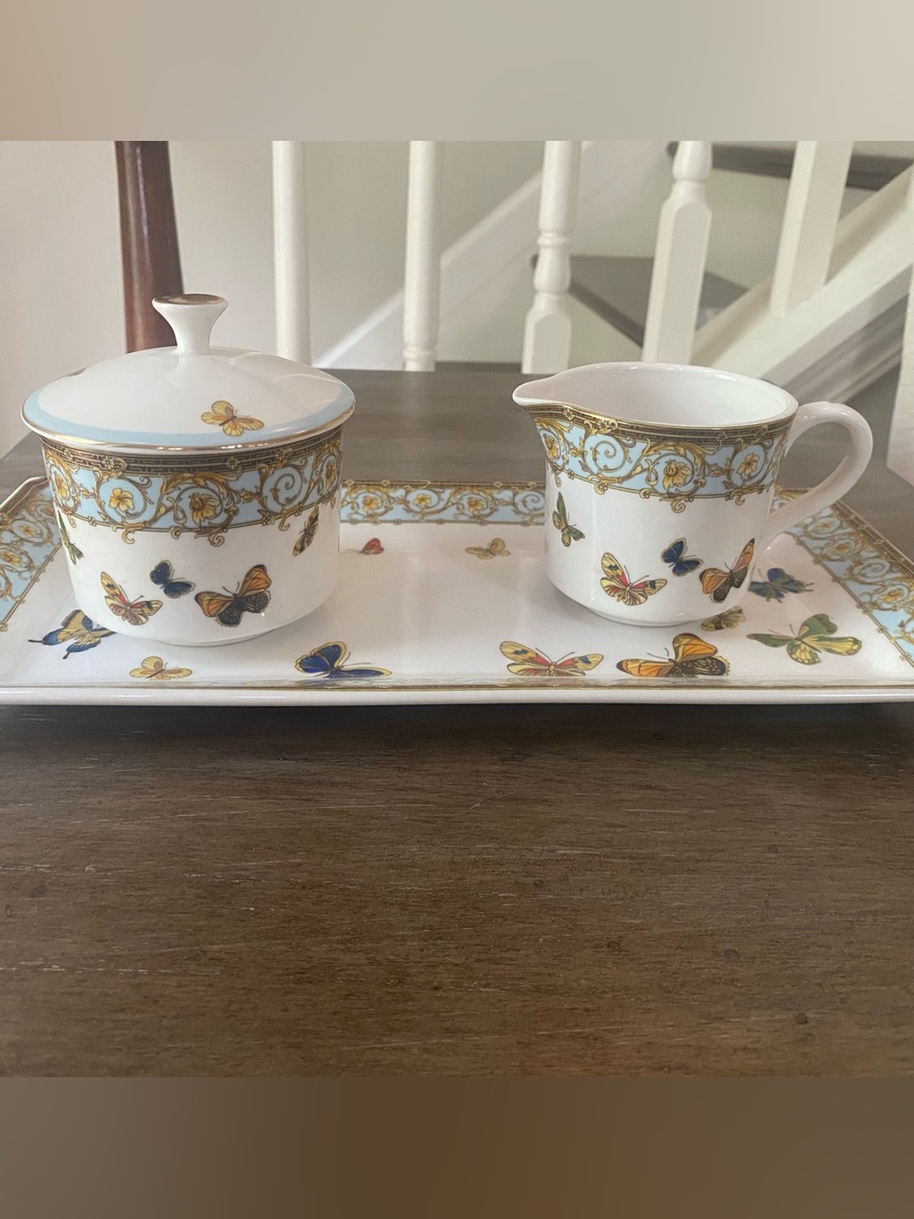 Grace's Teaware Butterflies with Blue Creamer Sugar Bowl Tray Set EUC!